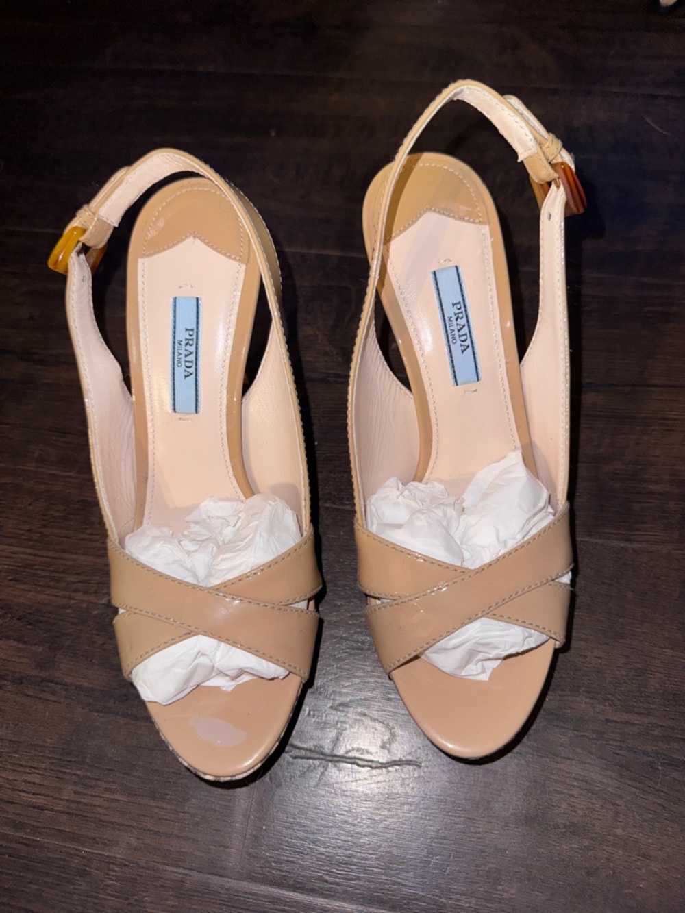 Prada Beige Patent Leather Platform Slingback Heels Size 37 NWOT